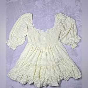 Lilyful Gingham Plaid Yellow White Mini Babydoll Ruffle Smocked Bodice Dress L